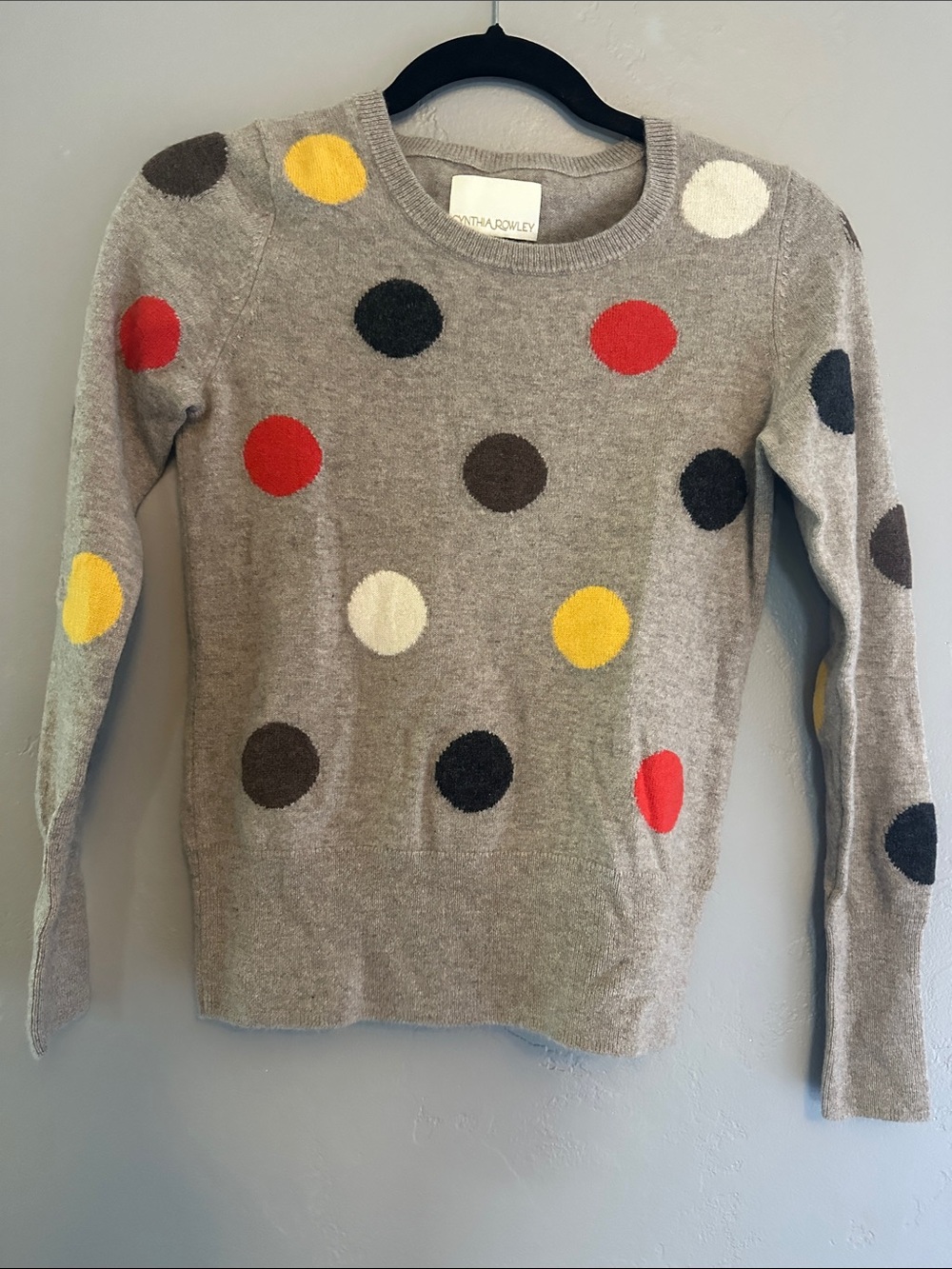 Cynthia Rowley Gray Polka Dot Sweater with Red Yellow Black Cream Brown Dots